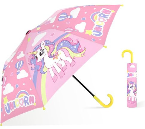 decalsweet Regenschirm Kinder Stockschirm mit Schirmhülle, Windsicher Robustheit Regen Regenschirm, Faltbarer Kinderschirm Taschenschirm für Junge Mädchen Leicht zu Transportieren，Regenbogen Einhorn