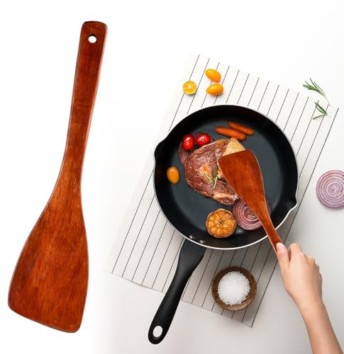 volumoon 2 Pieces Wooden Spatula, 33cm Wooden Cooking Spatula, Brown Wooden Kitchen Spatula Set, Non Stick Hard Wood Spatula, Long Handle Wood Corner Spatula, Wooden Kitchen Utensils for Pans, Woks