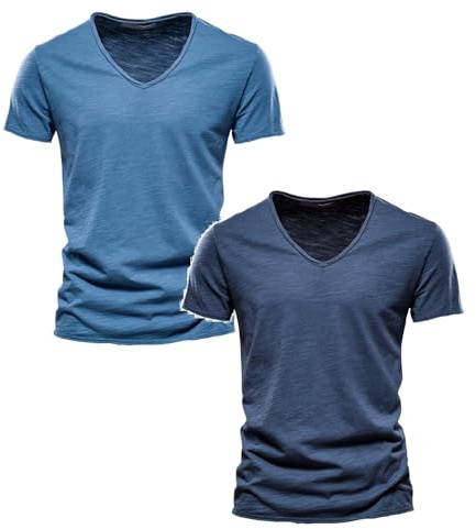 2 Pack Men's T-Shirts UK Casual V Neck Short Sleeve Tee Top Slim Fit Comfy Cotton Summer T Shirt Plain Breathable Shirts Undershirts
