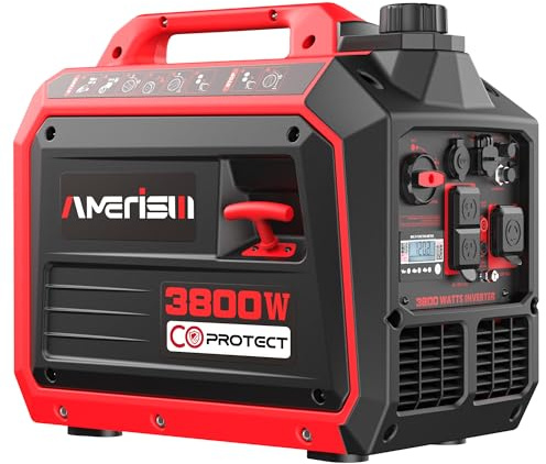AMERISUN 3800W Gas Powered Portable Inverter Generator, Gas Generator with CO Sensor ECO Mode Digital Display, Parallel Capable EPA Compliant Long Runtime for Camping Tailgating Home Quiet Lightweight