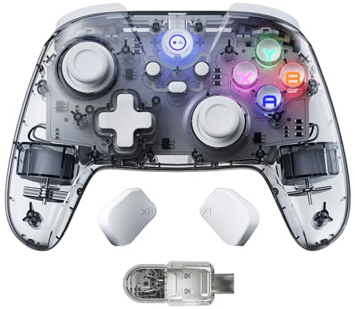 Controller PC Wireless 2.4G con Joystick e Grilletti Hall Effect, Controller per Windows/Android/Steam Deck/iPhone/Switch 2, Gamepad Bluetooth con 8 Colori RGB/Turbo/Tasti Programmabili - Trasparente