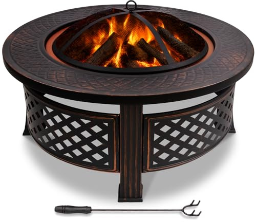 VOUNOT® Braciere da Giardino Ø81 cm in Metallo, con Coperchio, Pare Scintille e Attizzatoio, Braciere da Esterno Rotondo per Riscaldamento, Campeggio, Balcone e Terrazza, Nero