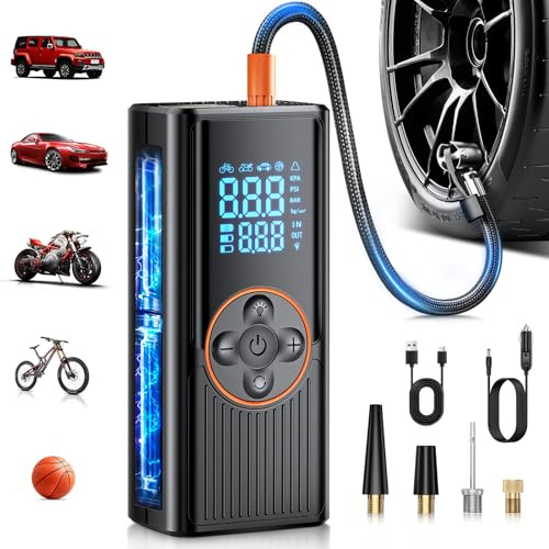 Compresor Aire Portátil 8000mAh, 150PSI Inflador Ruedas Coche, Inflador Electrico Bicicleta de Doble Alimentación con Pantalla Digital y Luz LED, Apagado Automático para Coche, Moto, Bicicleta, Pelota