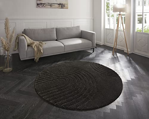 Mint Rugs Fergus Tapis Rond à Poils Longs Doux et Moelleux - Design Flokati Skandi - pour Cuisine, Couloir ou Chambre à Coucher - Structure Haute Profondeur - Gris foncé - Ø 160 cm