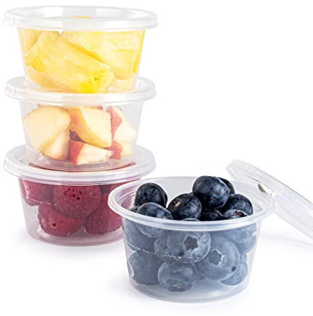 100 Plastic Containers with Lids | 4oz Round Storage Containers |Small Sauce Pots for Takeaway Food, Delivery, Catering, Restaurants for Sauce, Dips, Salads