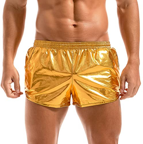 Amy Coulee Mens Metallic Low Waist Sparkly Rave Boxer Shorts(Gold, L)