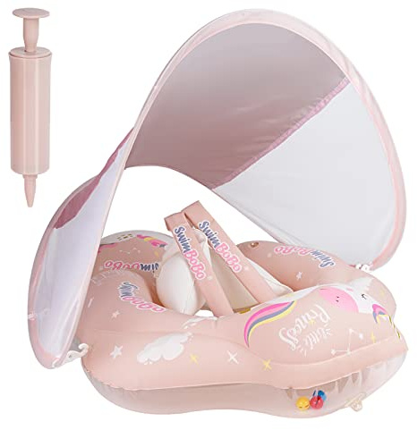 MONODEAL Bouée Bébé, Bébé Siège De Piscine avec auvent Amovible de Bouee Bebe, bouée Gonflable pour Enfants Anneau de Natation (Rose-S, S 3-12 Mois)