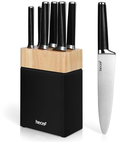hecef 7 Pièces Set de Couteau Cuisine Professionnels en Acier Inoxydable, Couteaux avec Bloc Couteaux Cuisine en Bois, Compris Couteau a Pain, Chef etc, Noir