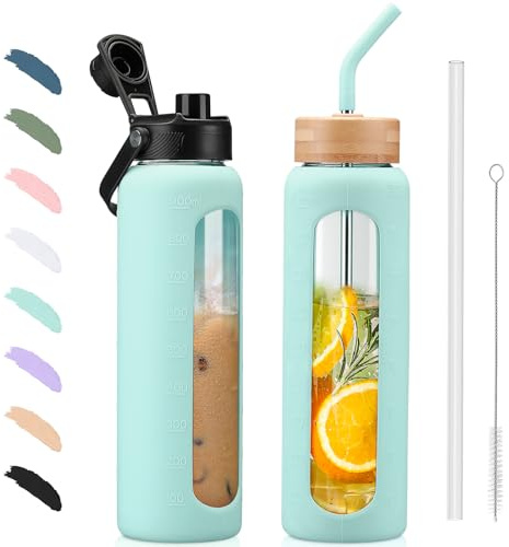 BLUEGO 900ml Glass Water Bottle with Straw and 2 Lids Glass Coffee Cup with Time Marker and Silicone Protector Glass Tumbler for Beverages Soda Cola BPA Free, Light Blue