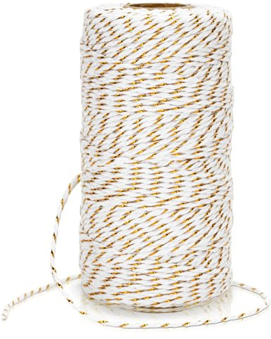 KINGLAKE Spago di cotone bianco da 2 mm con corda dorata, 100 m di filo natalizio per confezioni regalo, spago metallico glitterato per artigianato, decorazioni natalizie e giardinaggio