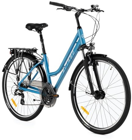 ATTABO Bicicletta da trekking da donna con telaio da 17 Bici Donna con Manubrio ergonomico Bici Trekking resistente con ruote da 28 con portapacchi posteriore Campanello catarifrangenti