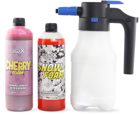 FULLCARX Kit Champús con Pulverizador a Presión Automático Eléctrico, Champú Espuma Activa Snow Foam PH Neutro, Champú Jabón Rosa Cherry Foam, Limpieza Exterior Coche, Productos Detailing Profesional