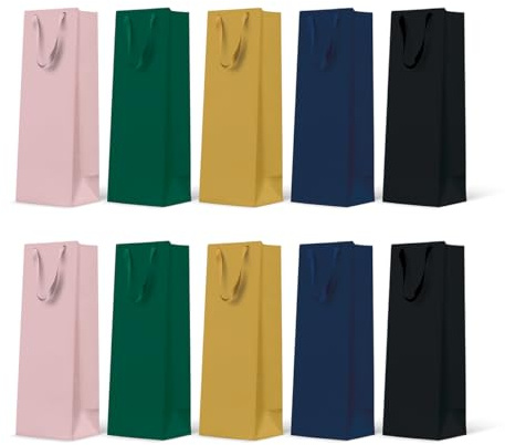 PAW - Bolsas de regalo 37 x 12 x 10 cm - Juego de 10 bolsas para botellas de vino con asas de tela | Surtido de 5 colores lisos | Elegantes bolsas de regalo para vino y champán