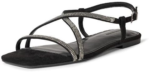 Amazon Essentials Sandali da donna con cinturino piatto, cristalli neri, 38