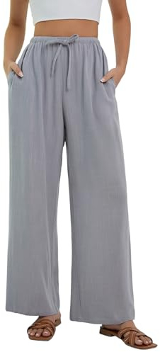Stamain Linen Wide Leg Trousers for Women Summer Light Weight Pants Ladies Grey Loose Elastic Waist Trousers with Pockets for Beach XXL