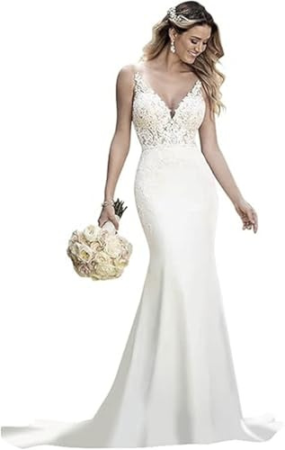TSxuelian Vestidos de novia de satén para mujer, sin mangas, estilo bohemio, largo, de encaje, B-blanco, 42