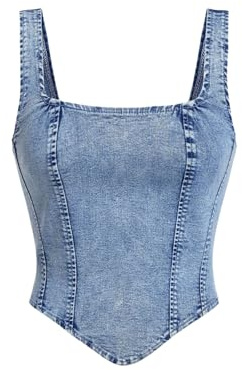 WDIRARA Women's Denim Corset Tank Top Crop Sleeveless Zip Up Back Tops