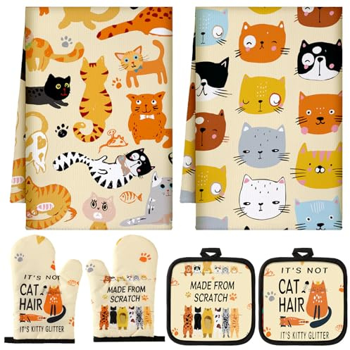 Jingmore 6 Pcs Kitchen Decor Set Accessorie Farmhouse Kitchen Towels Pot Holders Oven Mitts Set 2 Dish Towels 2 Pot Holders 2 Cooking Mittens Oven Glove for Cooking(Vivid Color,Cat)
