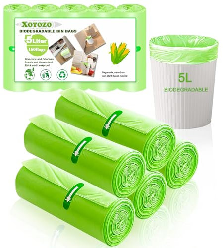 Sacchetti per la spazzatura da 5 litri, 160 sacchetti, biodegradabili per rifiuti alimentari, 5 l, resistenti, compostabili, sacchetti per rifiuti riciclabili, per cucina, bagno, giardino, ufficio