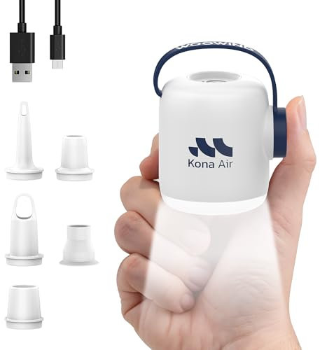Woowind Kona Air Mattress Pump – Cordless, Rechargeable 2000mAh Battery – 200L/Min Airflow – Inflates & Deflates Air Bed, Pool Float, Tent, with 10-Hour LED Light, Ultra-Portable Palm-Size (V05 White)