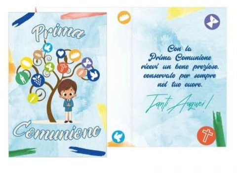 Dream' s Party Biglietto di Auguri Prima Comunione bimbo CELESTE - con albero della vita - finiture in BLU Lucido - biglietto augurale PORTASOLDI completo di busta