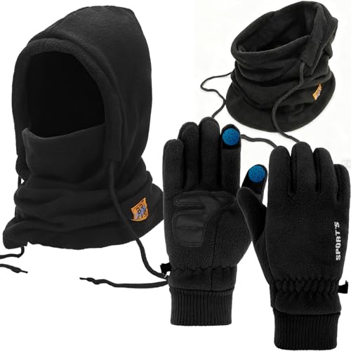 SummitEdge Unisex Balaclava Winter Thermal Hat and Winter Gloves for Men Women, Warm Touch Screen Gloves Windproof Ski Mask Face Cover,Fleece Hat Hood with Neck Warmer Snood (L, Men-Black)