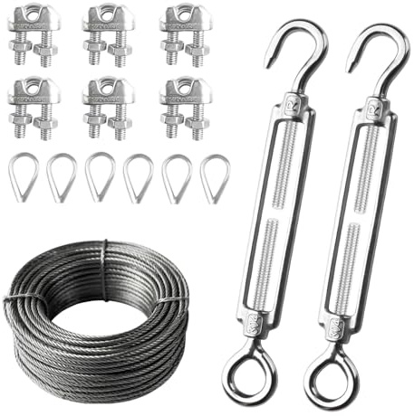 2 tensores de alambre M6 de acero inoxidable y 6 abrazaderas de cable M3 y 6 M3 de cuerda de alambre tensor con cable de acero de 10 m y 1 manguito de tubo, candados ajustables para alambre de jardín