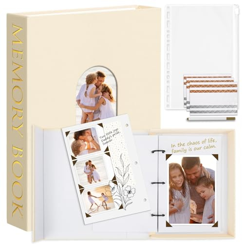 Hiwhy Album Fotografico 14 x 22 cm con 3 Anelli, Copertina in Lino Scrapbook, Libro Decorativo con 30 Fogli Bianche, Album dei Ricordi per Matrimonio, Compleanno, Anniversario, Regalo, Beige