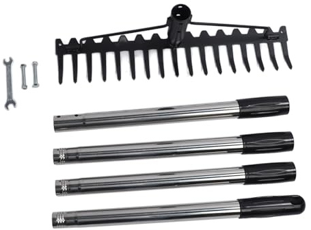 Rastrillo de Jardín 17 Dientes, Metal Ajustable y Desmontable, Acero Inoxidable y Hierro - Ideal para Airear Suelos, Recolectar Hojas, Peinar Césped Artificial y Jardín (4 Secciones)