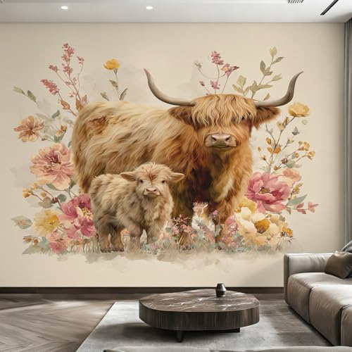 Highland Cow Photo Wallpaper for Bedroom, Farmhouse Highland Cattle Wall Mural for Living Room, Beige Wallpaper 150x105 Nonwoven Wall Paper Home Decor W1