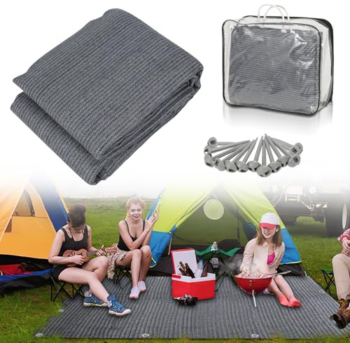 Vkechh 400 x 400 cm, tappeto per tende da sole, campeggio, per esterni, da campeggio con 12 fori, 13 picchetti e borsa per il trasporto, traspirante, antiscivolo, per roulotte, grigio e blu