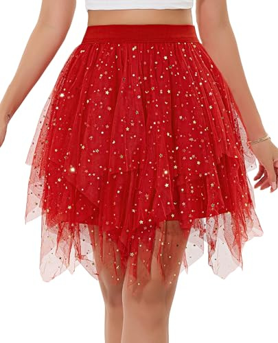 Lovasy Jupe en Tulle Femme Midi Jupe Tutu à Paillettes A-Line Taille Haute Élastique Jupes en Tulle Court pour Carnaval Halloween Daily Prom Party