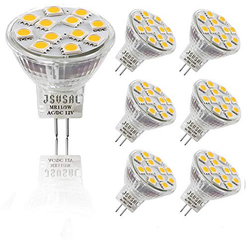 JSVSAL Paquete de 6 bombillas LED MR11 de 3 W, base G4/GU4/GZ4 de dos pines, ángulo de haz de 120°, 12 V CA/CC, paisaje/accent/empotrado/iluminación de pista, regulable (luz blanca de día 5000 K)