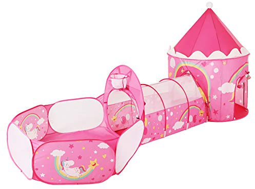 SONGMICS Parque Infantil Pop-up, 3 en 1, Tienda para Niños, Tema de Unicornio, Idea de Regalo, Fiesta de Cumpleaños, Rosa LPT701P01