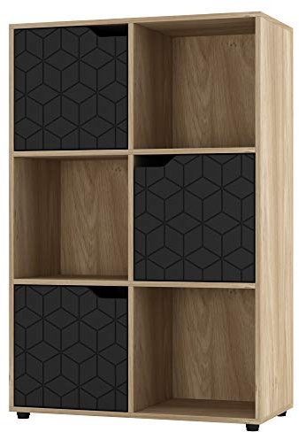 URBNLIVING Estantería de madera de roble con forma geométrica para puerta, estantería de almacenamiento (puerta negra, cubo de 2 x 3 pulgadas (6 cubos)