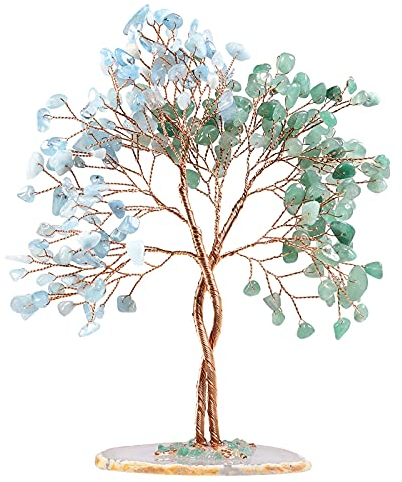 Nupuyai Kristallbaum Feng Shui Edelstein Baum, Glücksbaum, Geldbaum Geschenk, Hochzeit, Deko Wohnzimmer Schlafzimmer(Grüner Aventurin & Aquamarin, Achat Scheibe Basis)