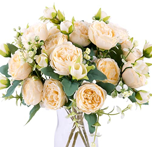 Floweroyal 4 buketter med konstgjorda pioner, champangefärgade blommor, silkespioner för bröllopsfest, bordsmitt, blomsterarrangemang, hem, köksdekoration