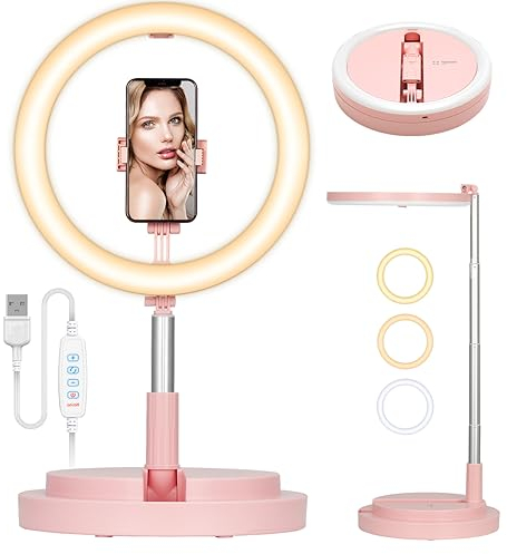 TARION Ringlicht mit Stativ LED Ringleuchte: Tisch Ring Light 11,8 Zoll Ringlampe Lichtring Faltbare Ringlight mit Handyhalterung Handy Stativ für Smartphone Video Fotografie Live Steaming(Rosa)