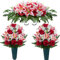 SIFOEL Selle di fiori artificiali per lapidi, fiori commemorativi del cimitero Bouquet di rose artificiali per decorazioni di lapidi all'aperto (Giglio rosso, sella e bouquet)