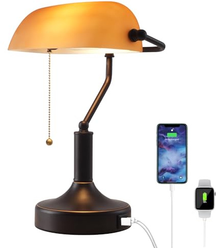 Liylan Vintage Bankers Desk Lamp with Pull Chain Switch, Traditional Desk Lamp with USB A and Type C Charging Port, Oil Rubbed Bronze Table Lamp with Amber Glass Shade for Office, Library, Study Room
