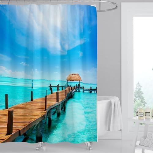 Ekershop Digitaldruck Textil Duschvorhang aus Polyester Stoff Badvorhang MALEDIVEN Pier DIGITAL 120x200 cm mit 8 Ringen