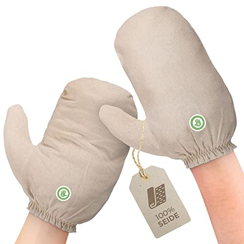 MASSAGE-EXPERT Guantes de seda Garshan de seda cruda [1 par], Para peeling, Ayurveda, masaje en seco y celulitis. Pequeño