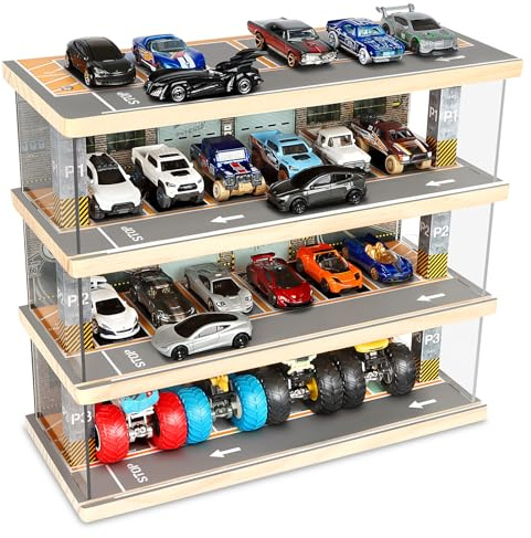Saichotoy Storage for Hot Wheels: Toy Car Parking Garage Diorama with Lights - Freestanding Display Case for 1/64 Scale Diecast Cars with 4 Levels 24 Spots Maximum 40 Cars