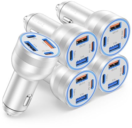 5-Pack Chargeur Allume Cigare USB, 4 Ports 65W PD3.0 et QC3.0 kfz Ladegerät 12V Chargeur de Téléphone Portable pour Automobile Adaptateur Voiture Allume Cigare Prise Secteur pour iPhone 16 Samsung S25