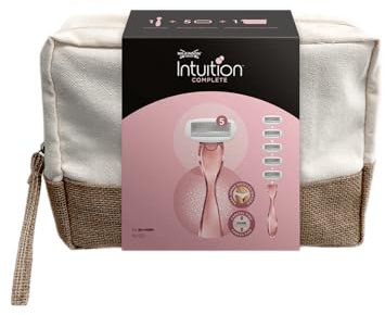 Wilkinson Sword Intuition Complete Kit da Viaggio, Rasoio da 5 Lame per Donne e 5 Testine di Ricambio Rasoio per Donne, Pochette da Bagno, Adatto per Zone Sensibili