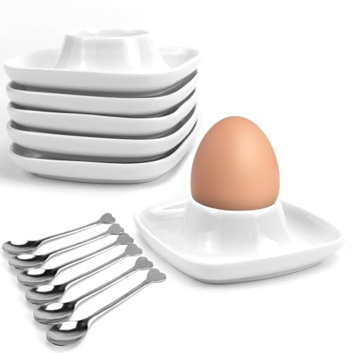 KXVXXV 6 Coquetier Oeuf Original en Ceramiqu avec 6 cuillères, Coquetiers empilables, Étagère pour Oeuf a la Coque avec Plateau, Blanc