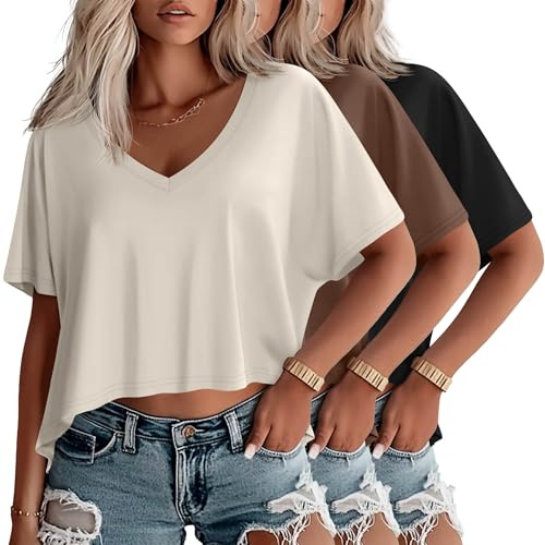Huukeay 3 Pack Oversized T Shirts for Women Short Sleeve Crop Tops V Neck Tops Irregular Hem Baggy Basic Cropped Tees(Cream, Coffee, Black,M)