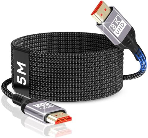 Nersligek Câble HDMI 8K 5m, Câble HDMI 2.1 48Gbps 8K@60Hz, 4K@144Hz/120Hz 7680P eARC, HDR10, HDCP 2.2 & 2.3, Dolby Atmos pour HDTV/Barre de Son/PS5/Lecteur Blu-ray/X-Box/Moniteur