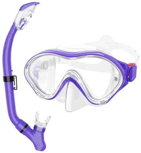 Snorkeling Gear for Kids with Foldable Silicone Full Dry Snorkel, Kids Snorkel Set Anti Leak Youth Junior Snorkeling Package Diving Mask Soft Tube with Mesh Bag Swimming Goggles, Purple