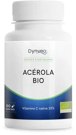 Acérola bio - 33% de Vitamine C native naturelle - Concentration maximale - Fatigue, immunité, Peau, Antioxydant - 600 mg - 60 gélules (1 à 2 mois) - Sans additifs ni excipients - Vegan - Dynveo